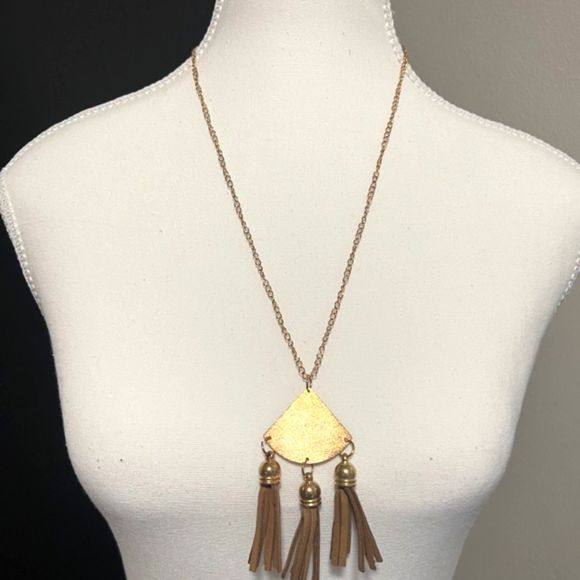 Gold Tone Triangle Leather Tassel Pendant Long Necklace 31" - Picture 1 of 5